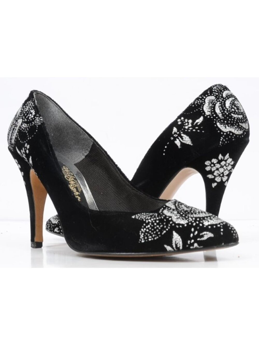 Y2K Wild Nights Sparkly Black Velvet Floral Pointed Toe Pumps Women's 7B Evening